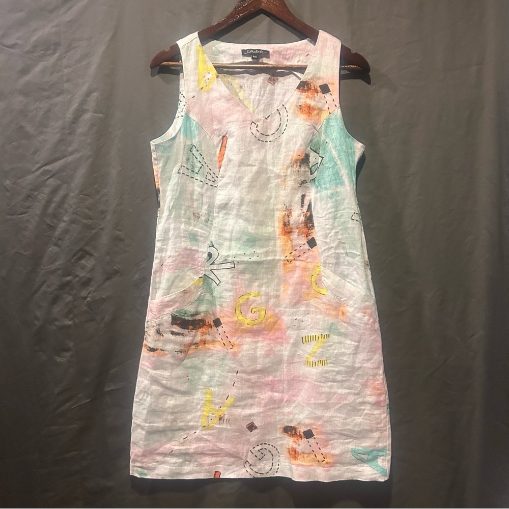 Charli B 100% Linen Sleeveless Mini Dress White Pastel Print & Pockets Size S